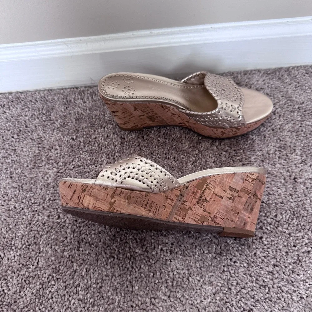 Jack Rogers Gold Leather Whipstitch Cork Wedge Sandals Womens 6.5 Platform Slide